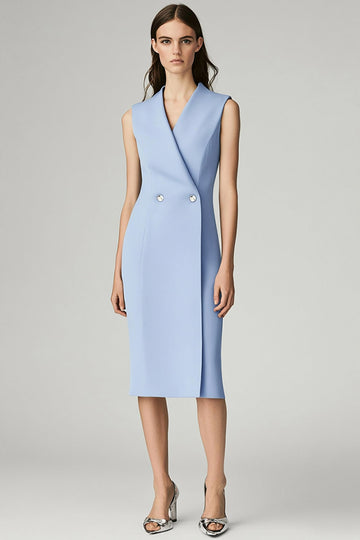 Sky Blue Bodycon V-Neck Midi Work Dress